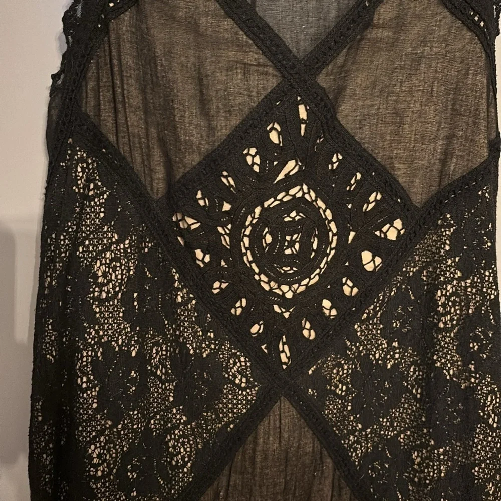 Free People SM Angel Mini Dress Sheer Black Gauze Cotton Boho Crochet Lace - Picture 3 of 8